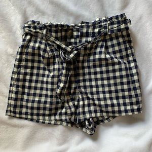 navy and cream plaid tie button shorts